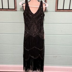 Fundaisy Beaded Fringe Dress – Black Flapper Style – Size S
